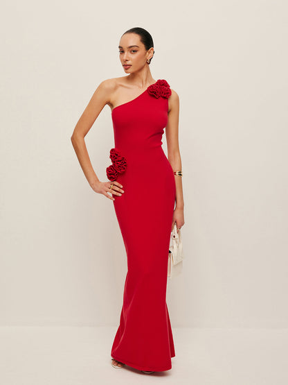 Tek Omuzlu Çiçek Aksesuar Detaylı Elbise