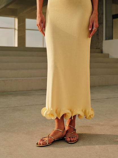 Omuz Dekolteli Fırfırlı Triko Elbise