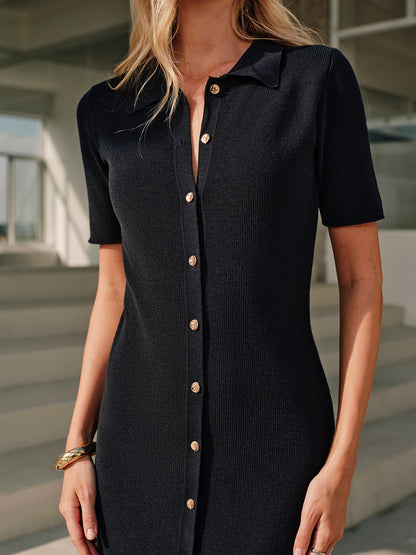 Metal Düğmeli Yakalı Midi Elbise