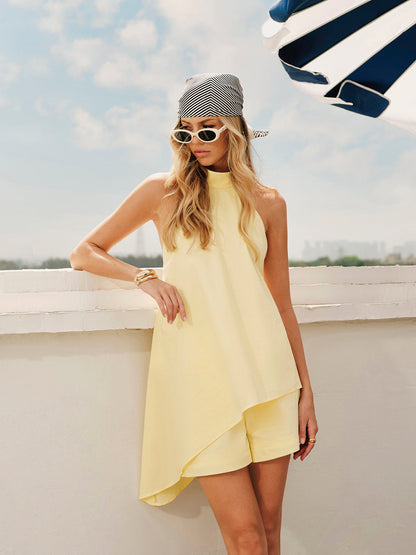 Düğmeli Asimetrik Sırt Dekolteli Şort Takımı