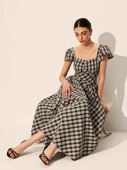 Dama Desenli Balon Kollu Elbise