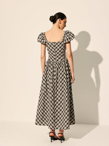 Dama Desenli Balon Kollu Elbise