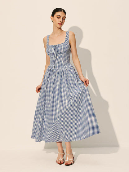 Pamuklu Dama Desenli Önden Bağlamalı Elbise