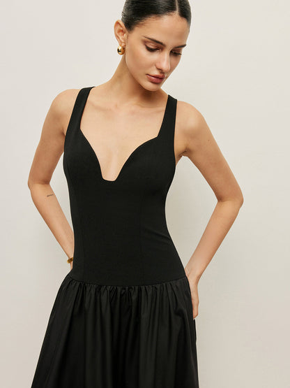 Çapraz Sırt Kontrast Kumaş Elbise