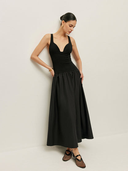 Çapraz Sırt Kontrast Kumaş Elbise