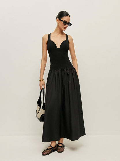 Çapraz Sırt Kontrast Kumaş Elbise