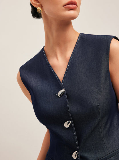 Kontrast Dikişli Düğmeli Peplum Yelek