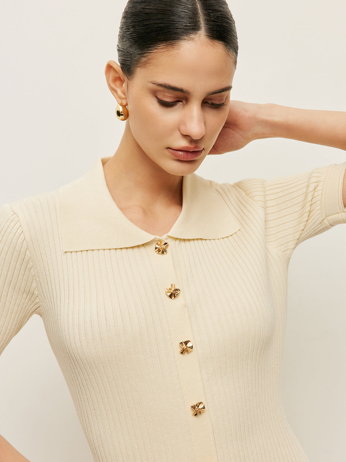 Dantel Detaylı Düğmeli Triko Polo Elbise