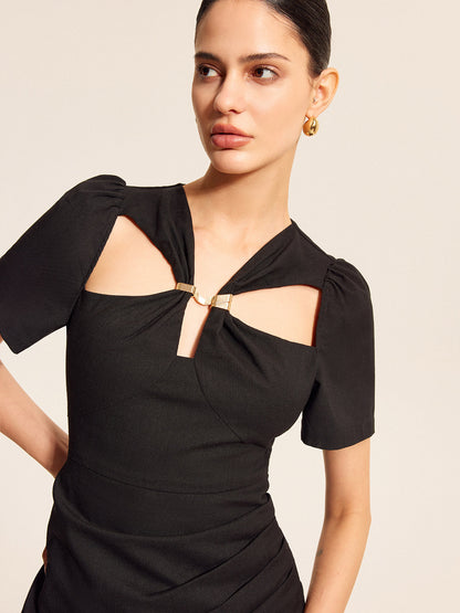 Pamuk ve Keten Kesik Detaylı Kabartma Kollu Elbise