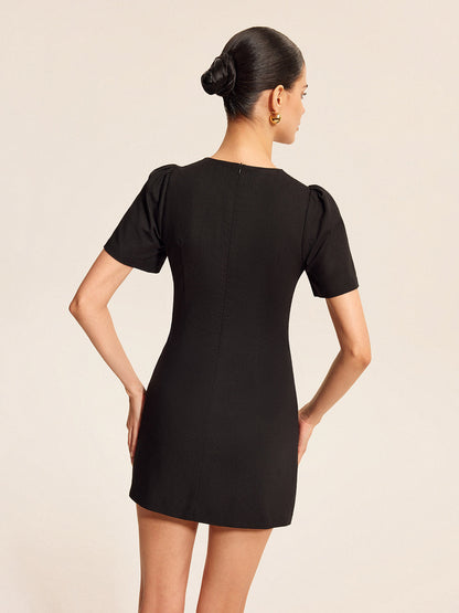 Pamuk ve Keten Kesik Detaylı Kabartma Kollu Elbise