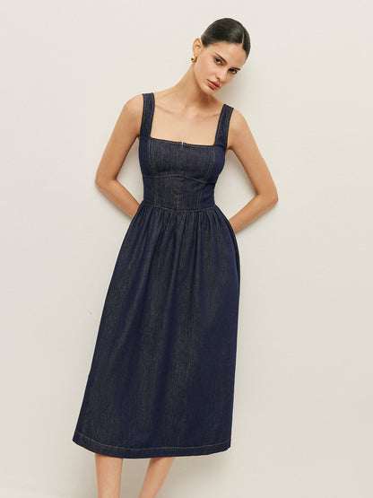 Kare Yaka Düğme Detaylı Denim Maxi Elbise