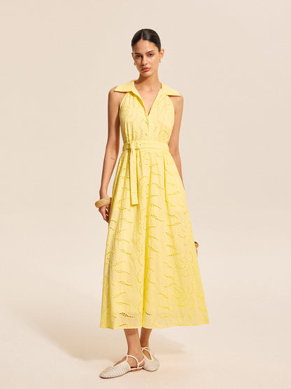 Pamuklu Kemerli Nakışlı Elbise