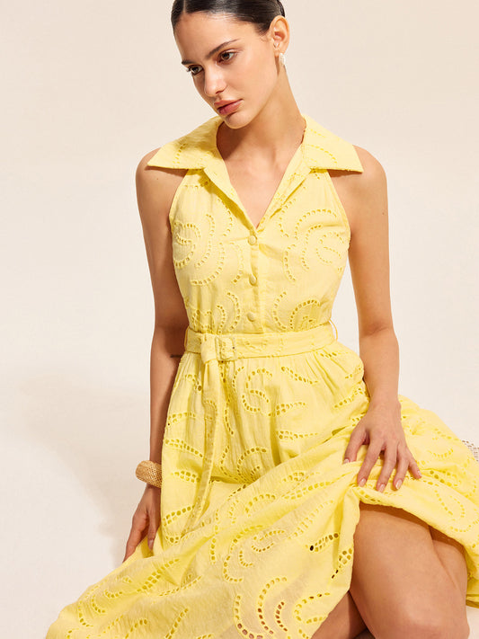 Pamuklu Kemerli Nakışlı Elbise