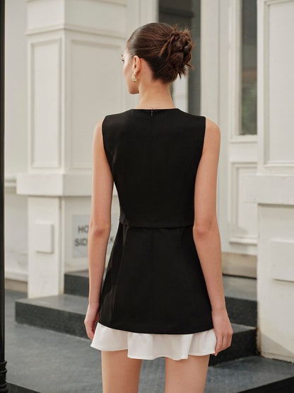 Cepli Fırfırlı Etek Düğmeli Kolsuz Elbise