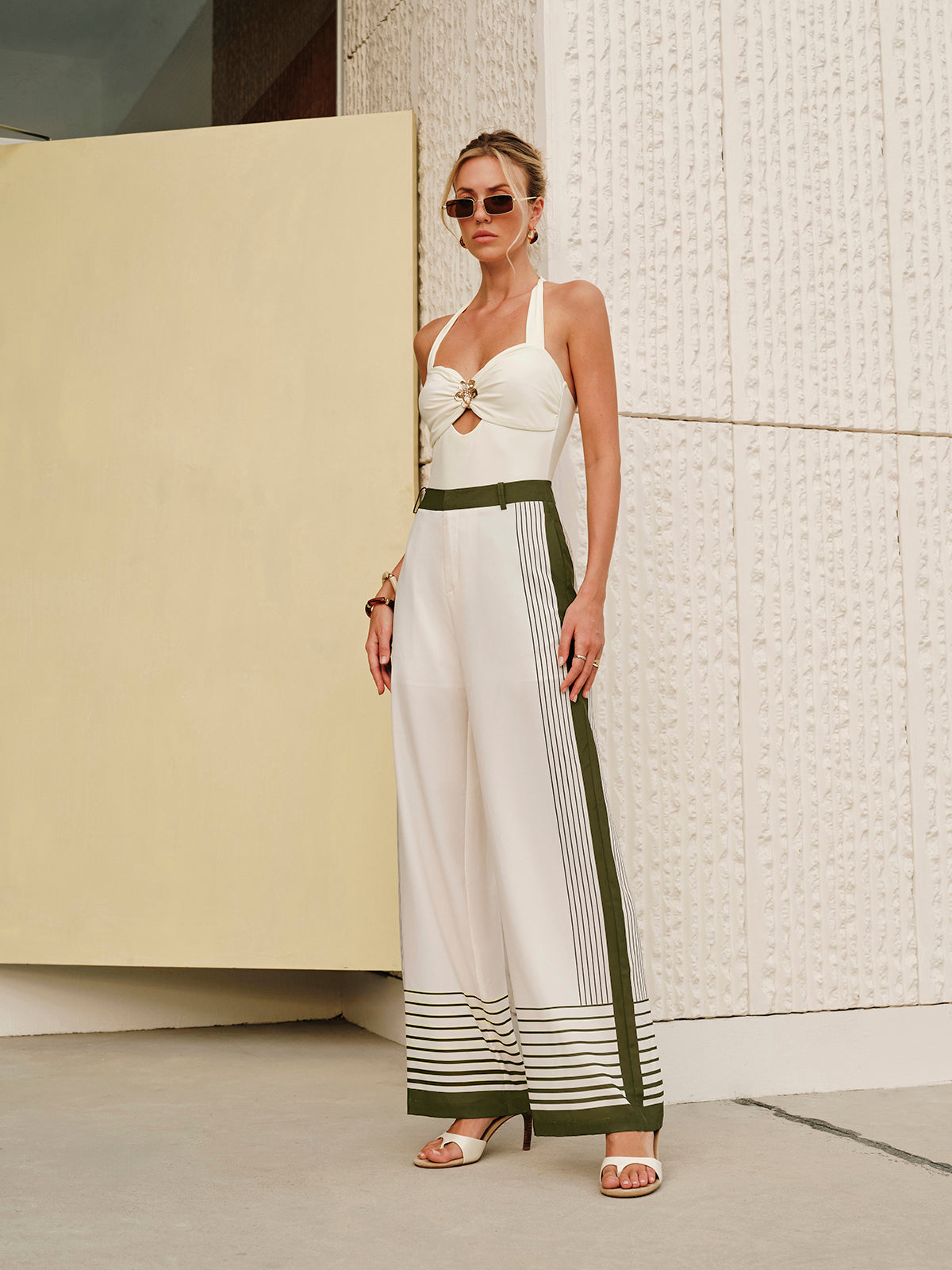 Çizgili Desenli Fermuarlı Orta Bel Pantolon