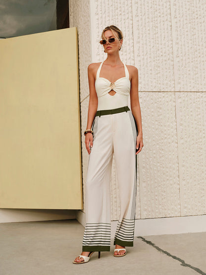 Çizgili Desenli Fermuarlı Orta Bel Pantolon