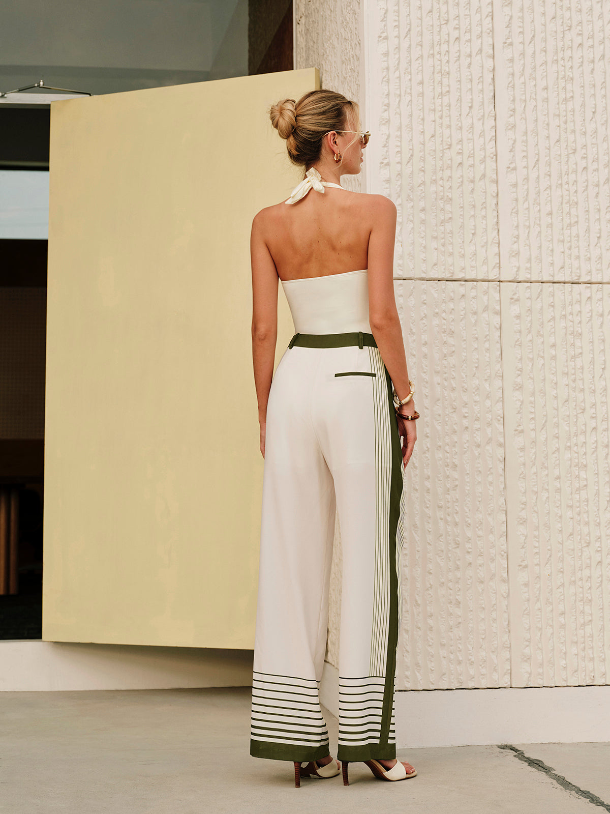 Çizgili Desenli Fermuarlı Orta Bel Pantolon