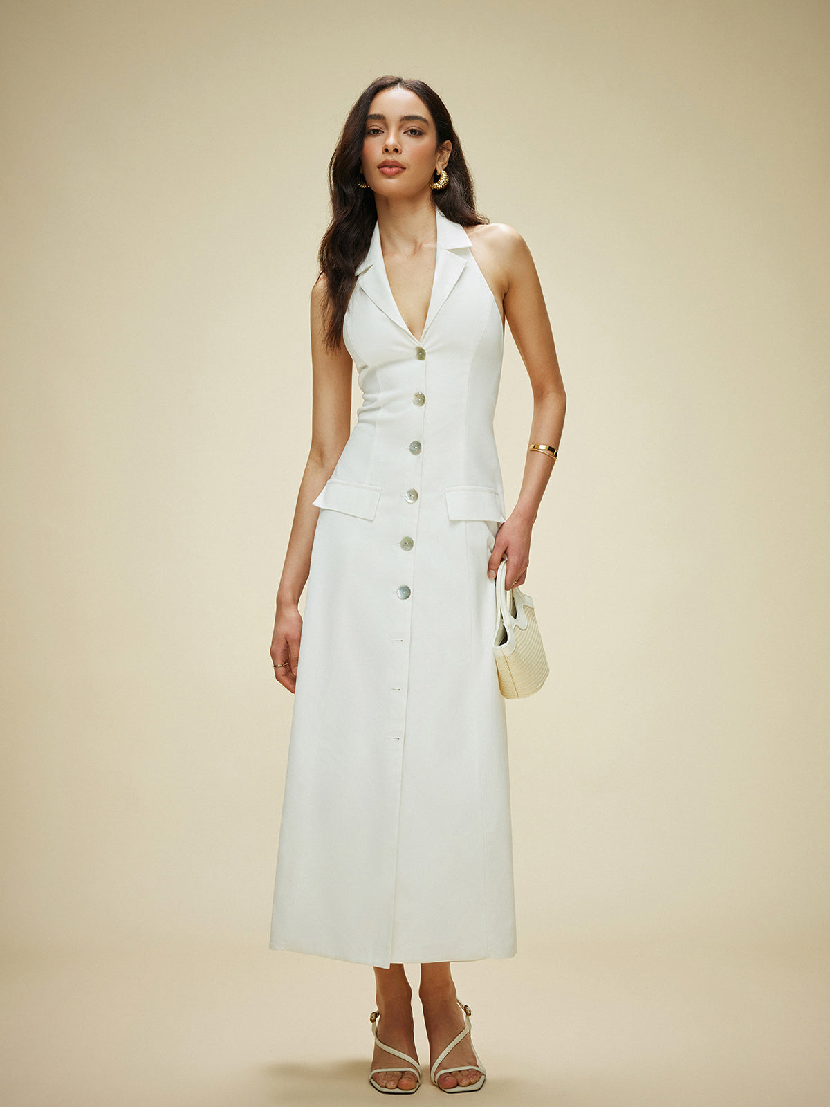 Pamuk ve Keten Cepli Halter Yaka Bağlamalı Elbise