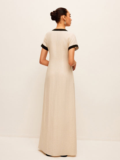 Pamuk ve Keten Yüksek Yırtmaçlı Kontrast Biyeli Elbise