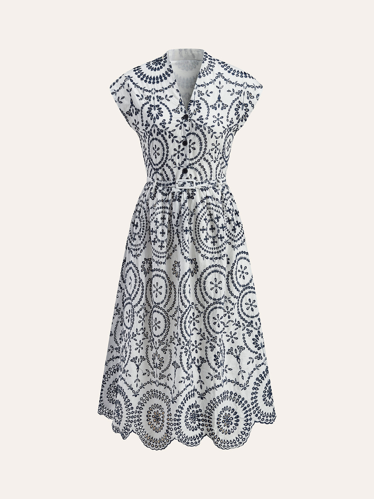 Nakış Detaylı V Yaka Kuşaklı Midi Elbise