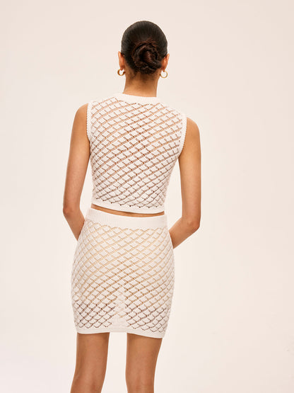 Yarı Transparan Düğme Detaylı Triko Etek Takımı