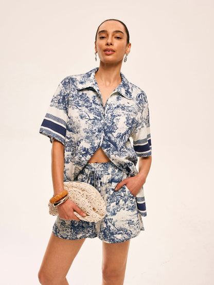 Baskılı Kontrast Kenar Detaylı Şort Takımı