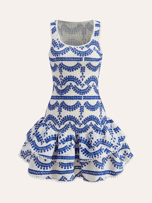 Nakışlı Fırfırlı Kolsuz Elbise