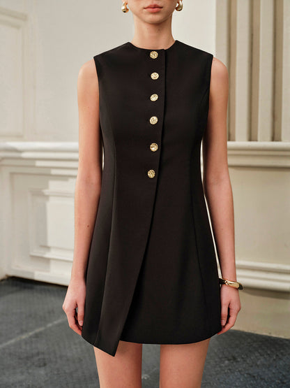 Asimetrik Bağlamalı Metal Düğmeli Elbise