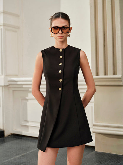 Asimetrik Bağlamalı Metal Düğmeli Elbise