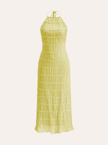 Halter Yaka Askılı Sırt Detaylı Fırfırlı Elbise