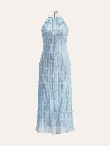 Halter Yaka Askılı Sırt Detaylı Fırfırlı Elbise