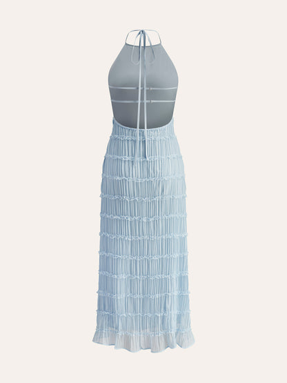 Halter Yaka Askılı Sırt Detaylı Fırfırlı Elbise