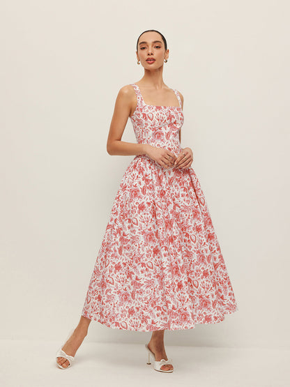 Kare Yaka Cepli Desenli Elbise