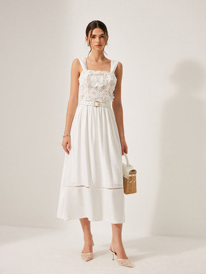 Pamuklu Çiçek Dantel Kemerli Elbise