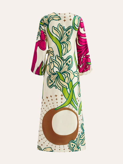 Kuşaklı Çiçek Desenli Kruvaze Elbise