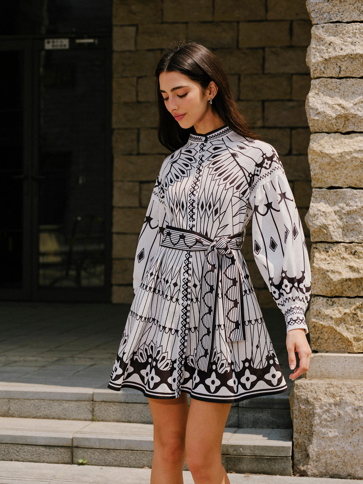 Keten Karışımlı Uzun Kollu Kemer Detaylı Elbise