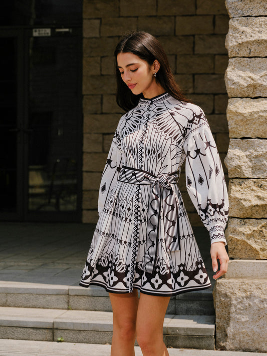 Keten Karışımlı Uzun Kollu Kemer Detaylı Elbise