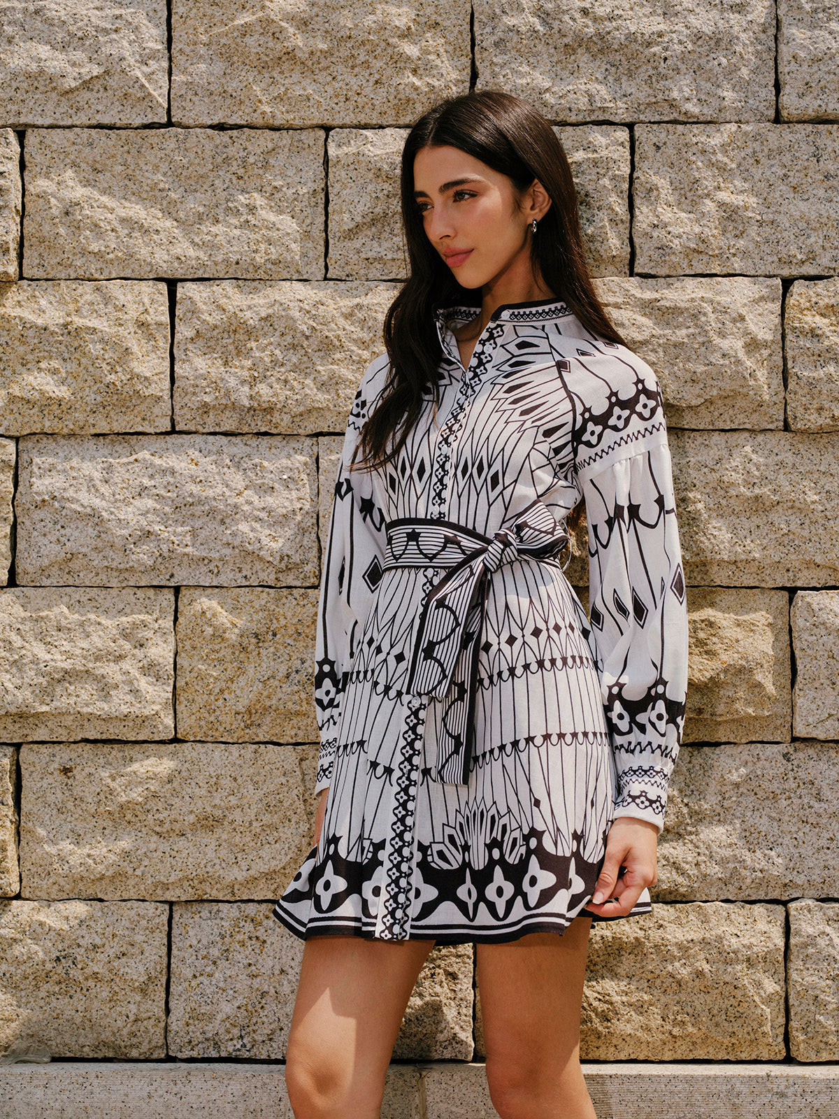 Keten Karışımlı Uzun Kollu Kemer Detaylı Elbise