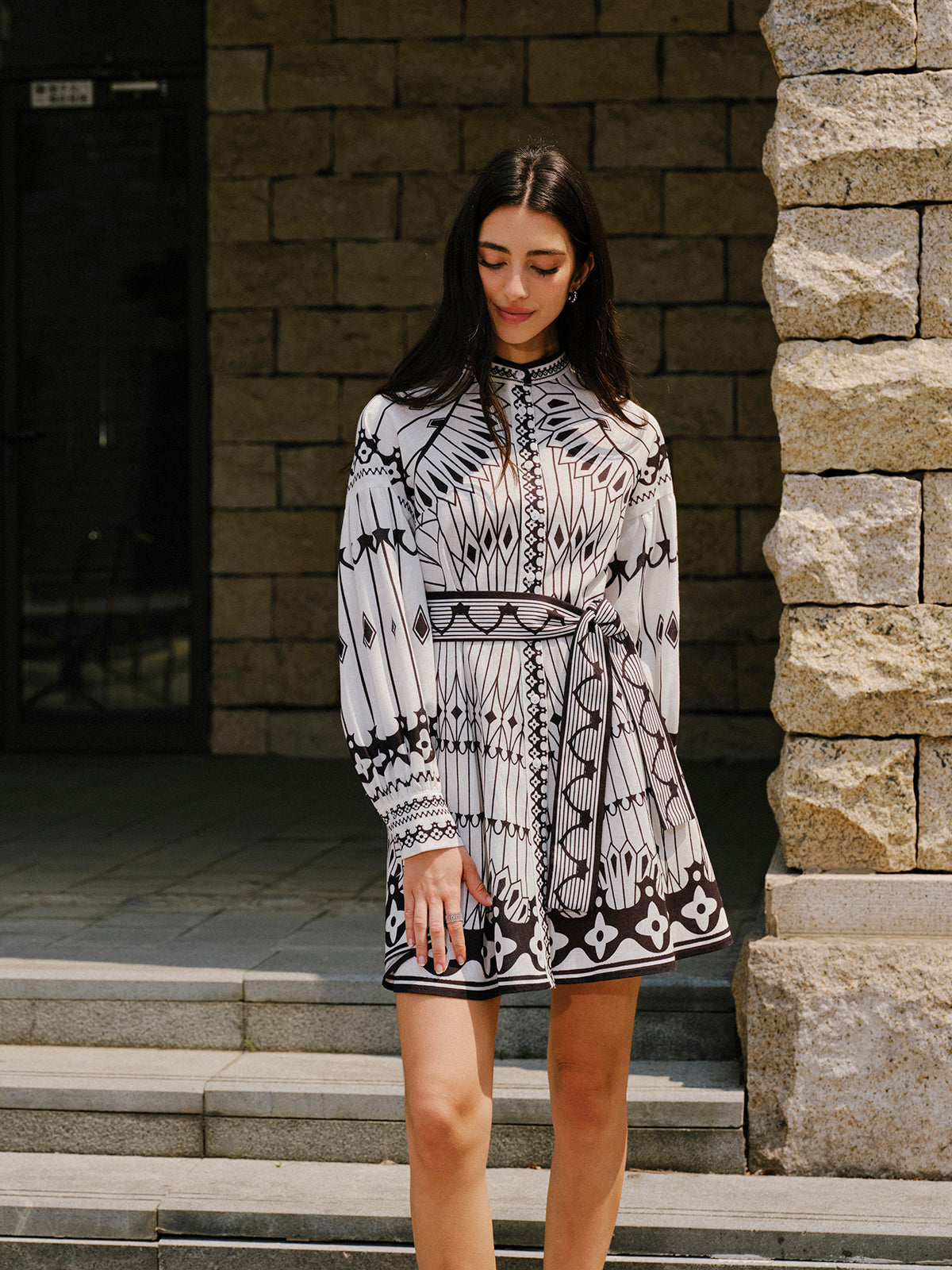 Keten Karışımlı Uzun Kollu Kemer Detaylı Elbise