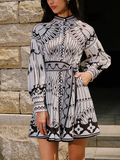 Keten Karışımlı Uzun Kollu Kemer Detaylı Elbise