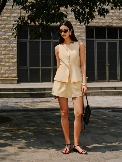 Pamuk ve Keten Cepli Şort Takımı