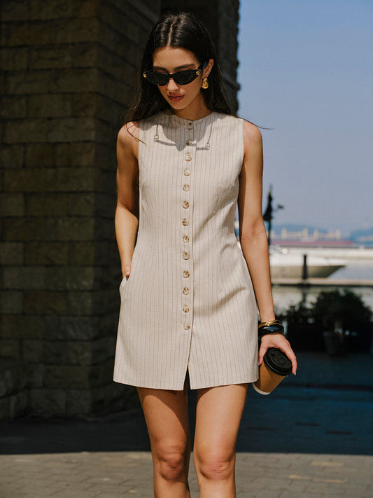 Keten Karışımlı, Önden Düğmeli Cepli Elbise