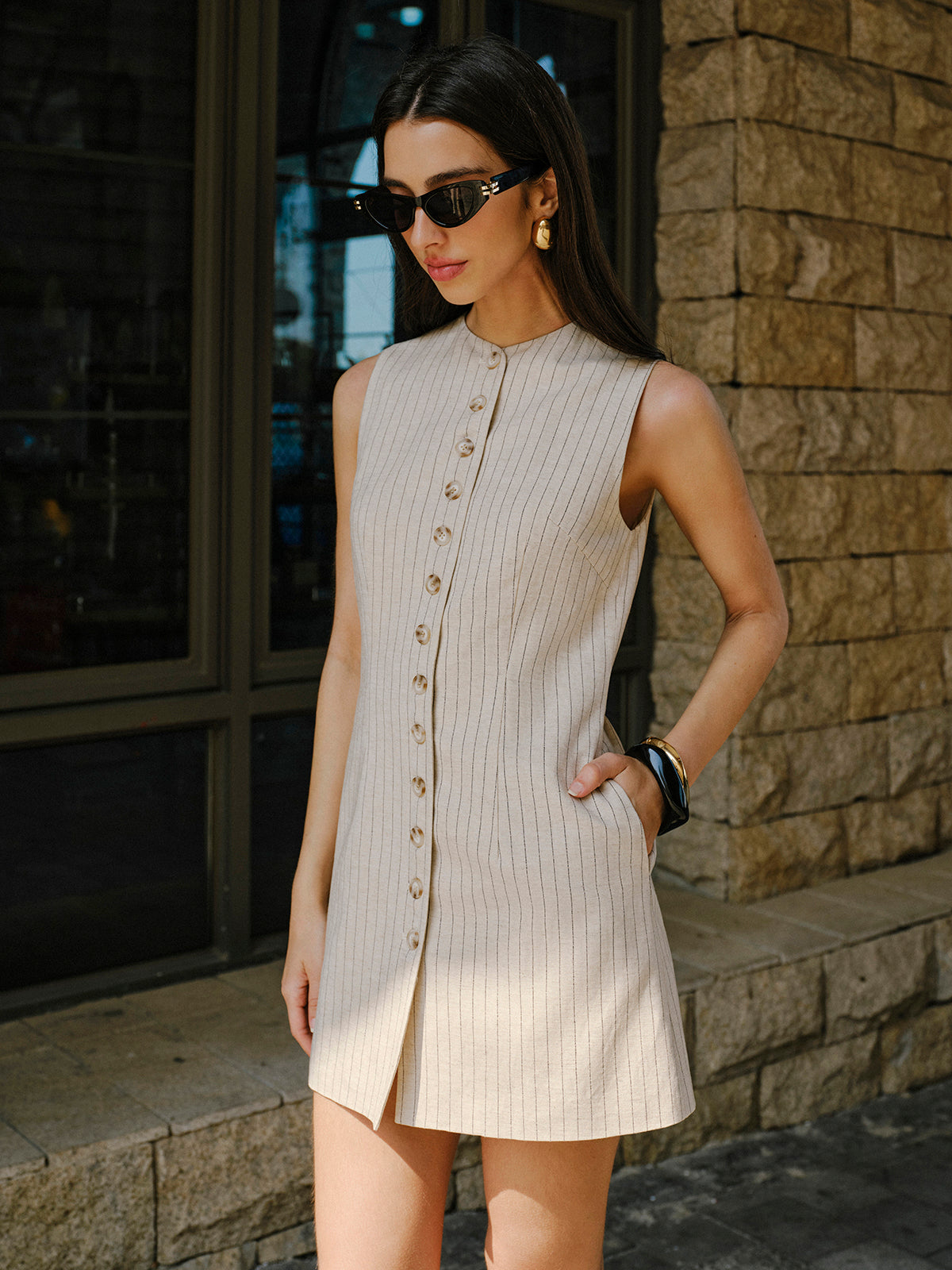 Keten Karışımlı, Önden Düğmeli Cepli Elbise