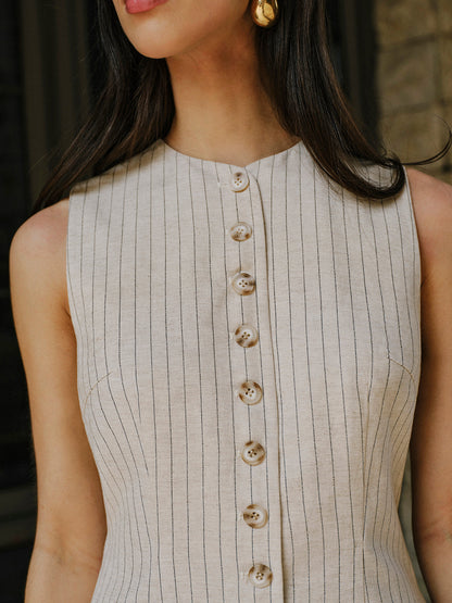 Keten Karışımlı, Önden Düğmeli Cepli Elbise