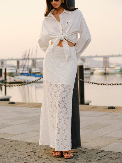 Yarı Transparan Dantelli Etek