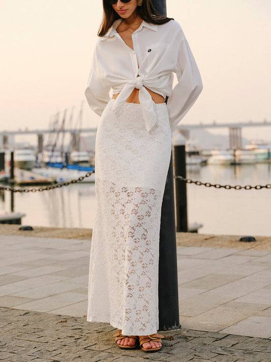 Yarı Transparan Dantelli Etek