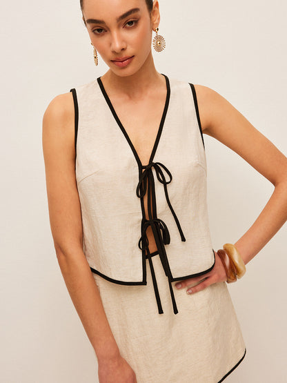 Pamuk ve Keten Kontrast Biyeli V Yaka Etek Takımı