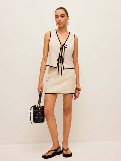 Pamuk ve Keten Kontrast Biyeli V Yaka Etek Takımı