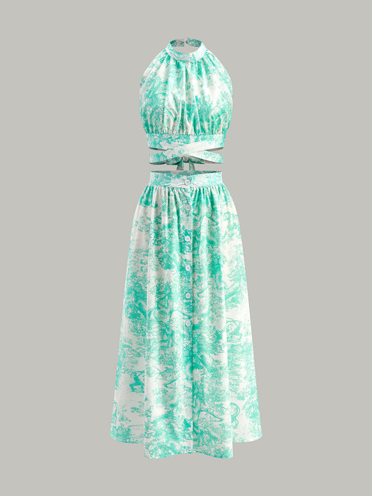 Halter Yaka Sırt Dekolteli Önden Düğmeli Etek Takımı