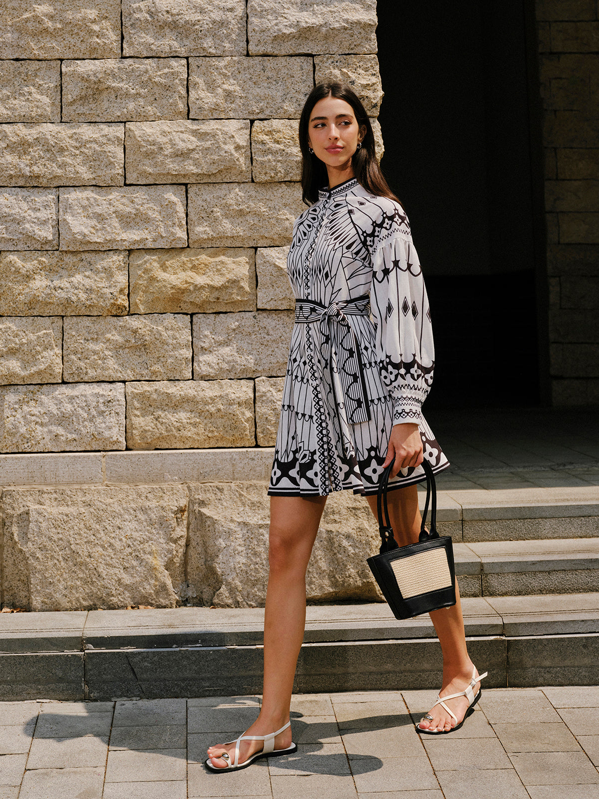 Keten Karışımlı Uzun Kollu Kemer Detaylı Elbise